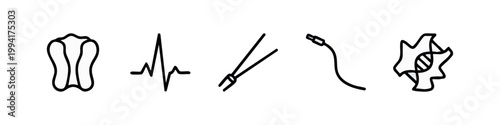 Clean outline icons for human anatomy, medical diagnostics, laboratory instruments, and genetic technology. Science concept.