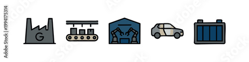 Colorful outline icons for manufacturing, factory automation, automotive industry, and battery energy. Modern graphic.