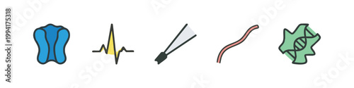 Colorful outline icons depicting human anatomy, medical diagnostics, lab tools, and genetic science. Modern illustration.