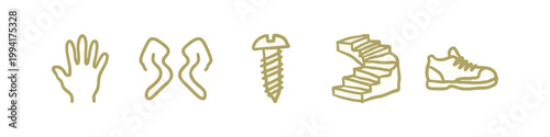 Golden doodle icons of human body parts, mechanical fixings, architectural stairs, and fashion footwear. Sketchy gold.