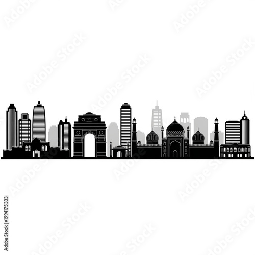 A black and white vector graphic illustration of the New Delhi city skyline, featuring iconic landmarks like the India Gate and modern skyscrapers.