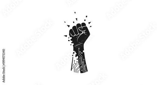 A clenched black fist integrated with electronic circuit board patterns symbolizing technological power and digital revolution.