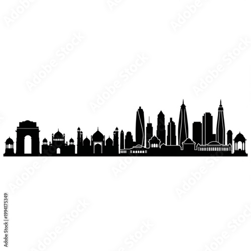 A black silhouette of the New Delhi city skyline, featuring iconic landmarks and modern architecture.