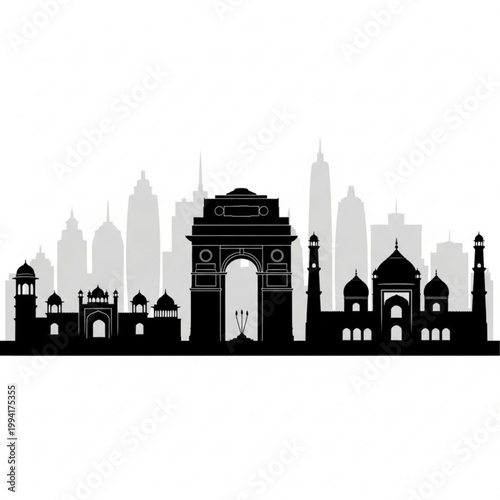 A black and white vector graphic illustration of the India Gate in New Delhi with a city skyline in the background