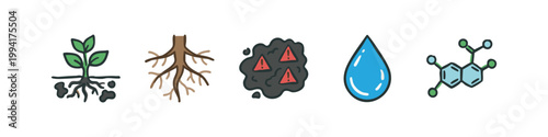 Colored icons: plant roots in soil, plant roots, soil clump with alerts, water drop, chemical molecule.