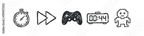 Drawn icons: stopwatch, fast forward, game controller, digital clock, pixel character.