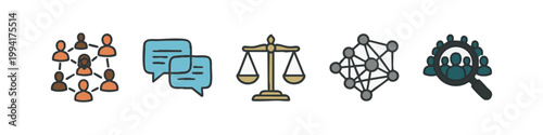 Colored icons: people network, chat bubbles, scales of justice, network, people in magnifying glass.