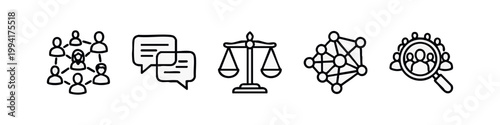 Line art icons: connected people, chat bubbles, scales of justice, network, people in magnifying glass.