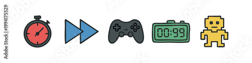 Colored icons: stopwatch, fast forward, game controller, digital clock, pixel character.
