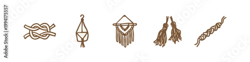 Drawn icons related to macrame and textiles: knot, macrame hanger, tassels, braid.