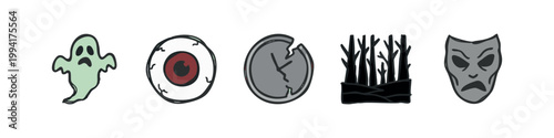 Colored icons for Halloween: ghost, eyeball, cracked clock, spooky trees, drama mask.