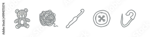 Drawn icons related to sewing and crafts: teddy bear, yarn ball, crochet hook, button, safety pin.