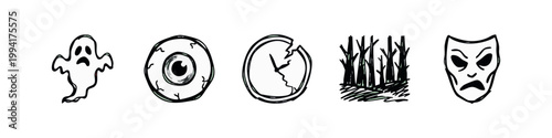 Hand-drawn icons for Halloween: ghost, eyeball, cracked clock, spooky trees, drama mask.