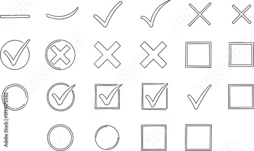 Hand Drawn Check Mark and Cross Icon Set with Tick Symbols, Checkbox Elements, Circles, Squares, and Validation Signs in Sketch Outline Style