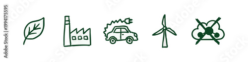 Drawn icons representing ecology and sustainability: leaf, factory, electric car, wind turbine, pollution.