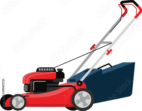 Red Lawn Mower Vector Illustration with Grass Catcher Bag and Modern Gardening Equipment Design for Landscaping, Yard Maintenance, and Outdoor Tools Graphics