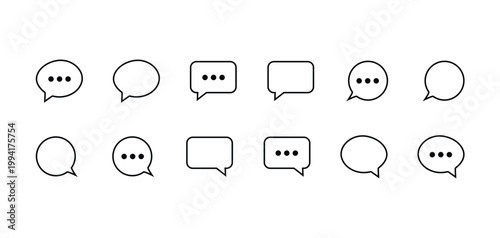 Minimalist speech bubble icon set, 12 thin line chat bubbles for communication, black outline message symbols for web and mobile interface design