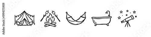 Hand Drawn Glamping and Luxury Camping Sketch Icons Set with Tent and Telescope