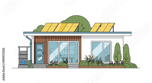 Modern Eco-Friendly House with Solar Panels and Green Roof Illustration, Sustainable Living Concept