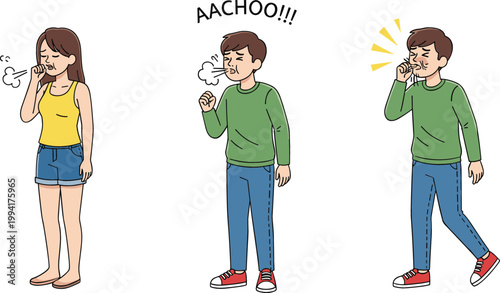 People sneezing and coughing symptoms, cold and flu illness concept, contagious infection, hygiene awareness and health care flat vector illustration set