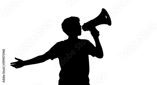 Silhouette of a man shouting through a megaphone with outstretched arm.
