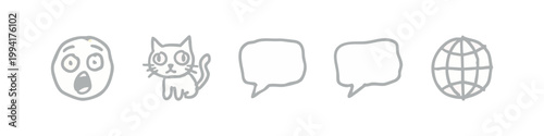Grey Hand Drawn Miscellaneous Icons with Cat Globe and Speech Bubbles