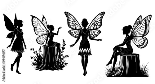 Silhouette of four fairies standing.