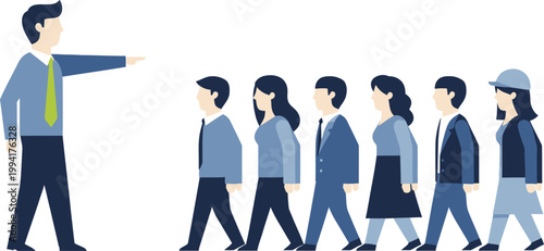 Corporate leadership vector illustration, boss pointing direction to business team, manager leading employees in flat style, professional workforce concept