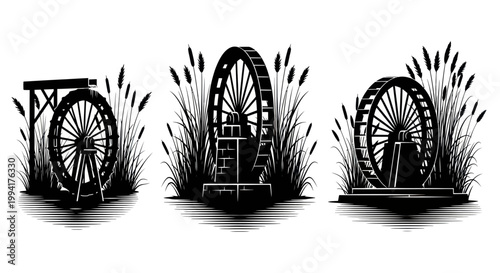 Black and white water wheels series.