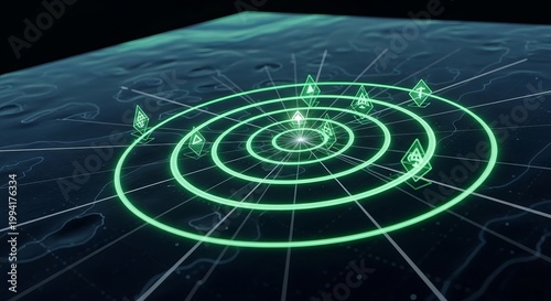 3D Digital Radar Map with Topographic Terrain, Futuristic Sonar Interface for Navigation and Tracking