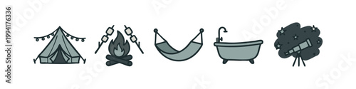 Colorful Glamping and Luxury Camping Hand Drawn Icon Collection