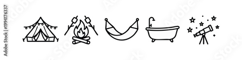 Glamping and Outdoor Recreation Thin Line Vector Icon Set