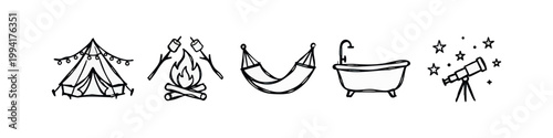 Glamping and Luxury Camping Icons Hand Drawn Black Sketch Set