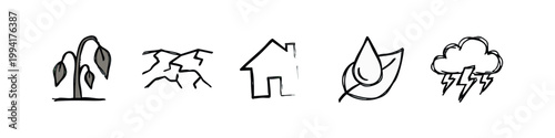 Environmental Crisis and Drought Icon Set Rough Sketch Style