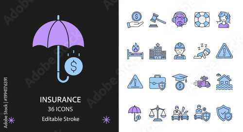 Insurance icons on white background.