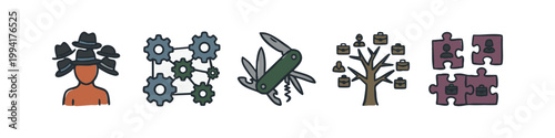 Colorful Hand-Drawn Icons for Business Management, Strategy, and Teamwork