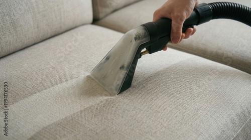 Hand steam cleaning light beige fabric sofa with vacuum machine, visible clean line, home, cleanliness, hygiene, maintenance.