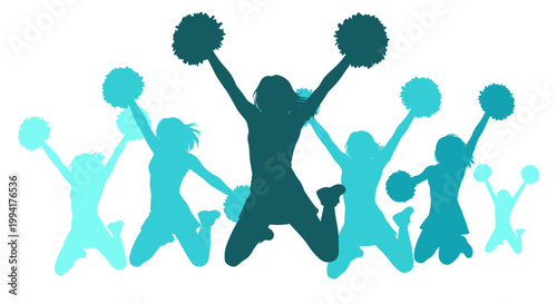 Group of cheerleaders with pom poms.