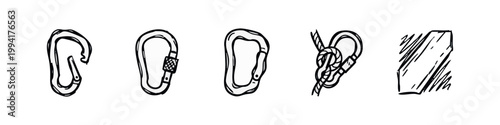 Climbing Gear, Mountaineering Equipment, and Technical Tool Hand-Drawn Icons