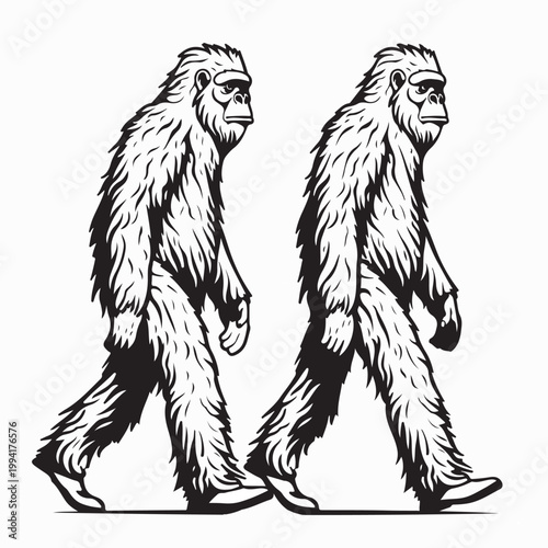 Cute Abominable Snowman Couple Walking Together Vector On White Background