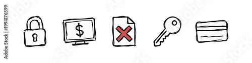 Hand Drawn Finance and Security Icons Set Padlock Money Key Credit Card