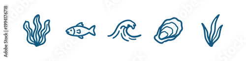 Blue Marine Life Icons Featuring Fish, Seaweed, and Waves