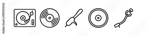 Clean Black Line Icons of DJ Turntables and Music Records
