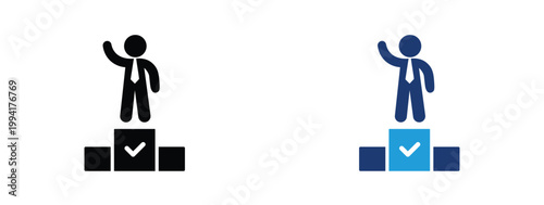 Business leader icon set, professional businessman standing on winner podium, successful manager achievement concept, corporate leadership vector