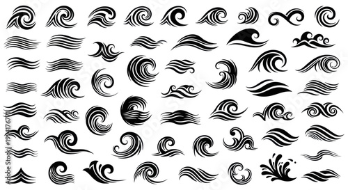 Black wave swirl line art designs.