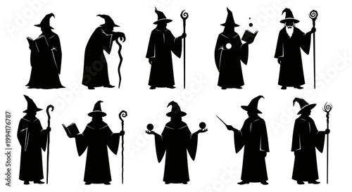 Silhouettes of fantasy magic wizards.