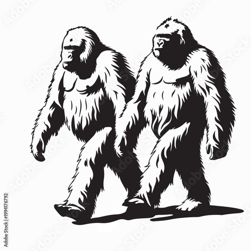 Cute Yeti Couple Walking Together Vector Illustration On White Background