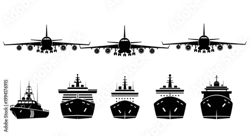 Airplanes and ships in silhouette.
