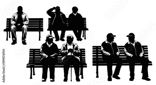 Silhouettes of people sitting on benches.