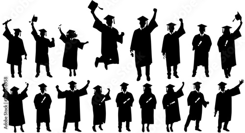 Graduates celebrate with caps and gowns.